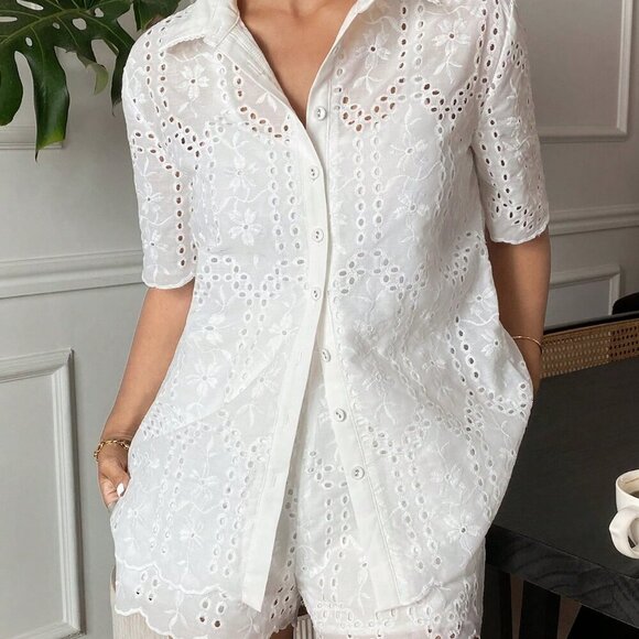 White Casual Women's Front Button Short Sleeve Top And Shorts Set - Picture 7 of 7